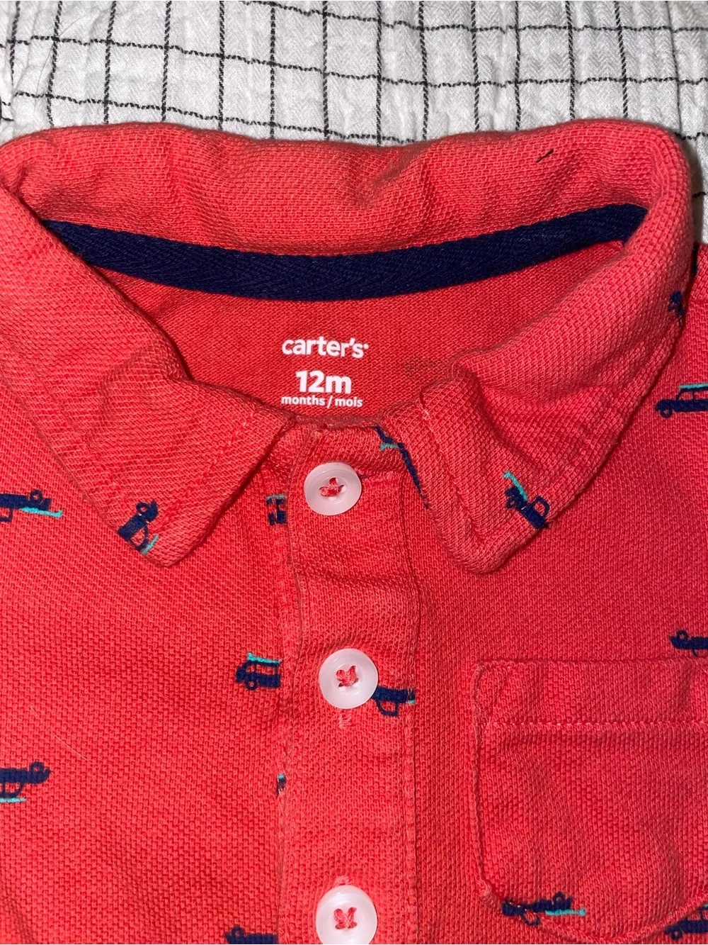 Carter's Coral Red Polo-Style Baby Romper with Navy Car Embroidery